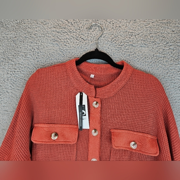 Saukole Womens Orange Long line Over Shirt Sz L Front Pockets Front Button down - Picture 2 of 14